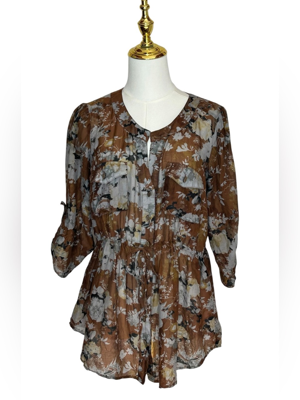 BKE Boutique Boho Brown Floral Peplum Tunic Top Silk Blend Whimsigoth SzL Earthy